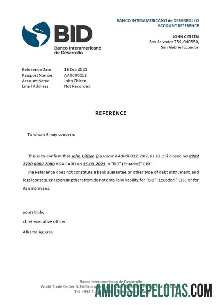 Referência de encerramento do Banco Interamericano de Desenvolvimento do Equador exemplo